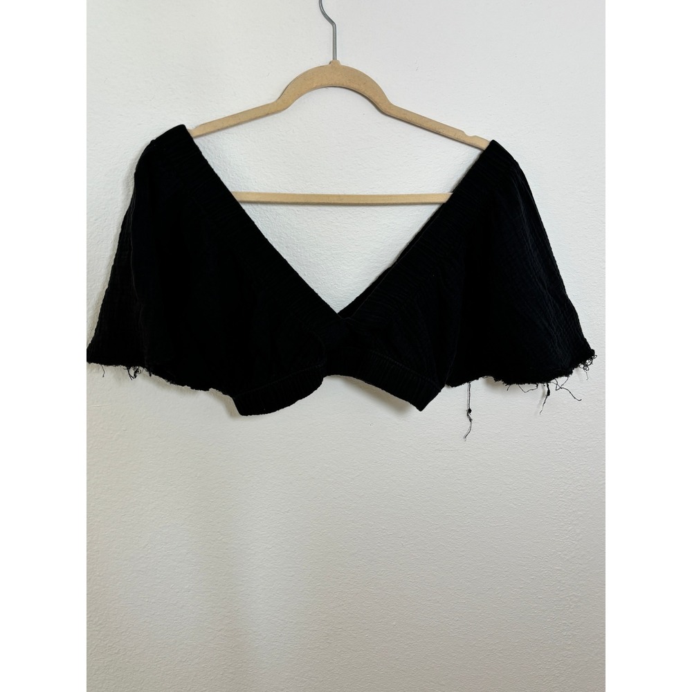 Aerie Black Gauze V-Neck Twist Front Crop Top Raw Hem XS